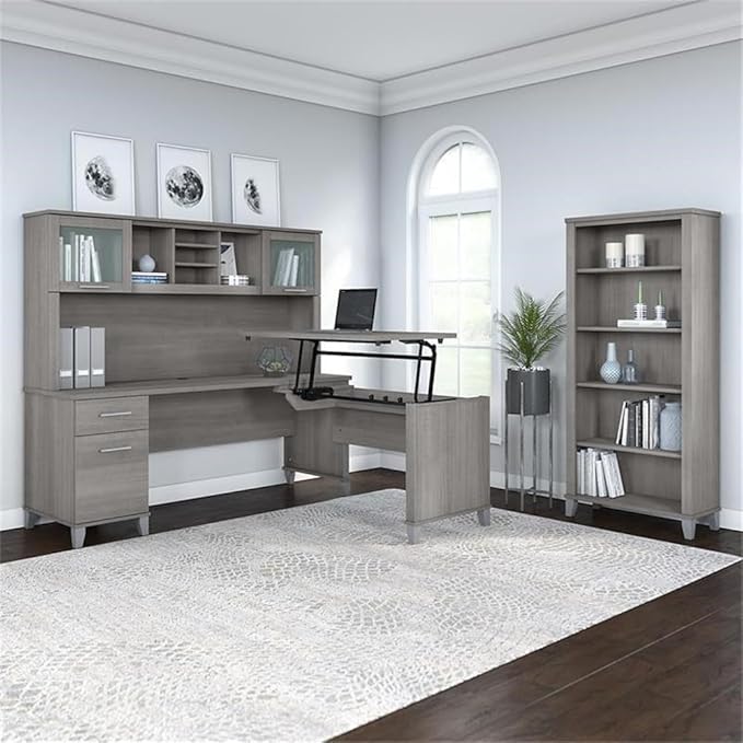 Pemberly Row Sit to Stand L-Shaped Desk with Hutch and 5-Shelf Bookcase, Engineered Wood, Gray Finish, 72W Office Set, Adjustable Heights, Storage Drawers, Ergonomic Workspace for Home or Office