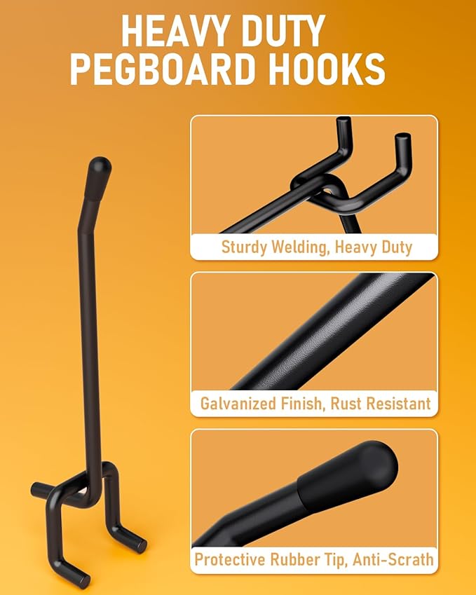 INCLY 60 Pack 4 Inch Black Pegboard Hooks, 1/4" Heavy Duty Peg Board Shelving Hooks Accessories, Peg Board Tool Hangers Only Fit 1/4" Pegboard Hanging Tools Garage, Craft Organizing, Kitchen, Store