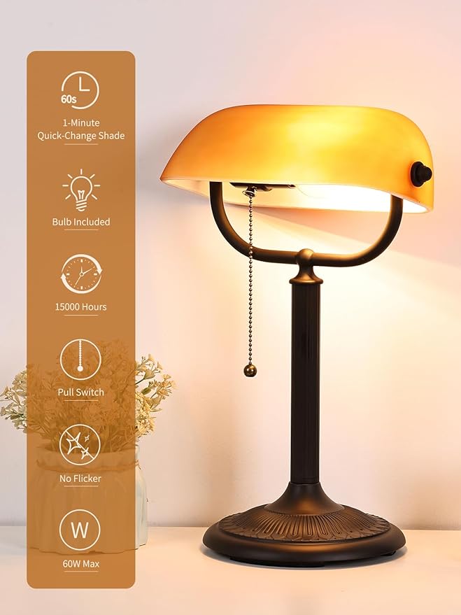 Newrays 1-Minute Quick-Change Shade Antique Matted Amber Glass Bankers Desk Lamp,Plug in Fixture for Study, Office, Library,LED Bulb Included