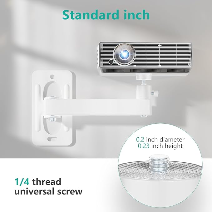 WALI Mini Projector Wall Mount, Full Motion Adjustable Bracket for 1/4" M4 M6 Screws, Hanging Holder for Small Projectors, Supports up to 4.4lbs - 1330LM-PMWS, White