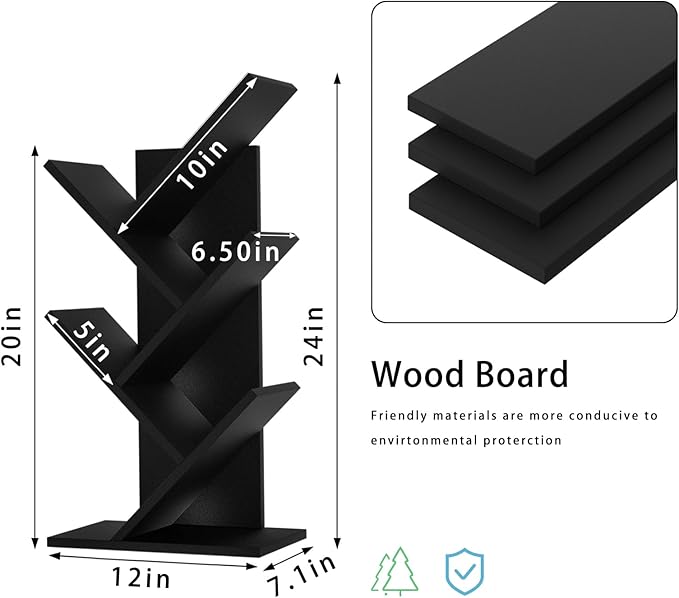 SHEEPAM 5 Tier Tree Book Shelf, Small Desktop Bookshelf with Storage Organizer, Wood Bookcase, Desk Display Bookshelves, Floor Standing Organizer Bookcases for Living Room,Bedroom,Office-Black