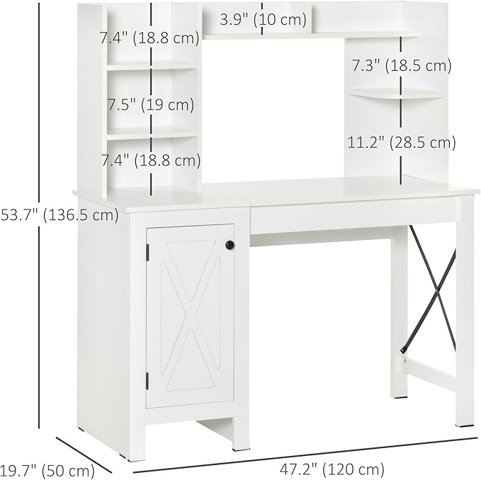 HOMCOM Farmhouse Computer Desk with Hutch and Cabinet, Home Office Desk with Storage, for Study, White
