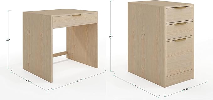 Martha Stewart Kayden Home Office Modular Desk with Drawer and Dual 3 Drawer File Cabinets in Light Natural with Brushed Gold Hardware