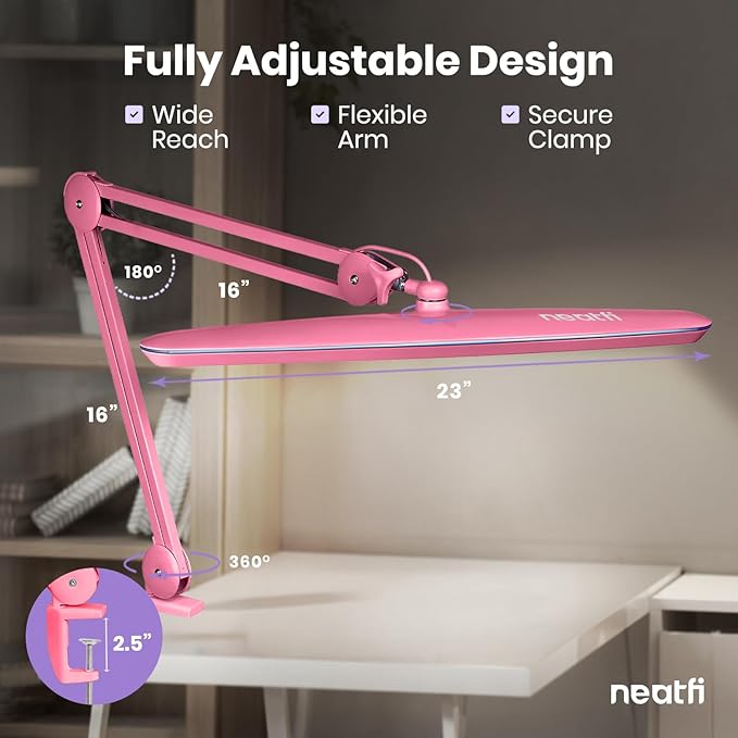 Neatfi XL 2,200 Lumens 24W LED Desk Lamp – 23” Wide Shade | Dimmable Eye-Caring Task Light | Adjustable Arm | Home Office, Study, Crafts & Nail Tech (Pink, Non-CCT with Clamp)