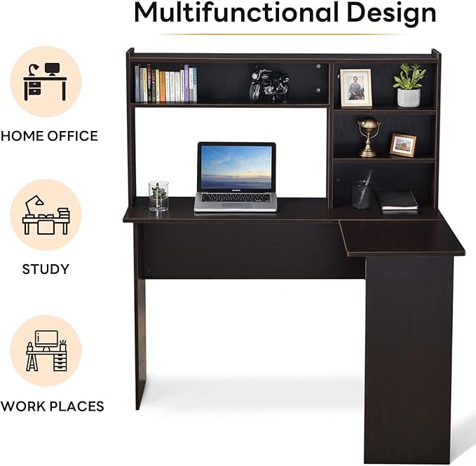 ivinta L Shaped Office Desk with Storage Shelves, 47.2" Modern Corner Computer Desk with Storage hutch for Gaming Writing Study Wrok, Small Home Office Table for Bedroom Living Room, 7194 (Dark Brown)