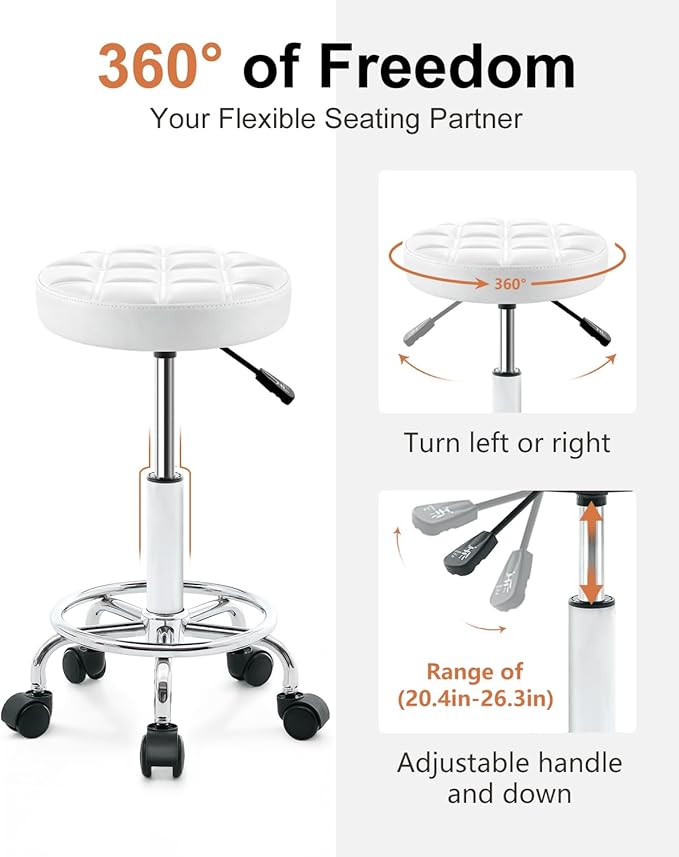 Rolling Stool with Wheels - Swivel Small Office Chair with Footrest, PU Leather Shop Stool for Office Spa Studio Lab Counter Salon Home Work Bar Kitchen Shop Teach Medical Facial, White
