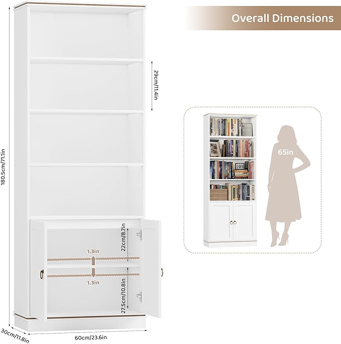 HOSTACK 71" Tall Book Shelf and Bookcase with Doors, 6 Tier Wooden Bookshelf with Storage Cabinet, White Farmhouse Bookshelves and Bookcases, Free Standing Display Shelves for Home Office, Living Room