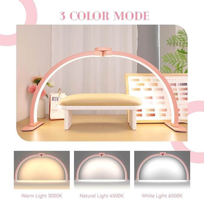 Kadden Foldable Large Half Moon LED Light for Table Nail Desk with Phone Stand, Upgrade Arch Light for Nail Techs with Wire Controller for Manicure Tattoo Beauty (Pink, Large)