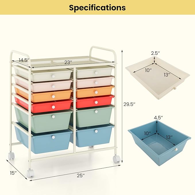 Moccha 12-Drawer Rolling Storage Cart - Utility Cart on Wheels with Lockable Casters for Craft Art Supply Paper Salon, Mobile Drawer Carts for Classroom Teacher School Office, Macaron