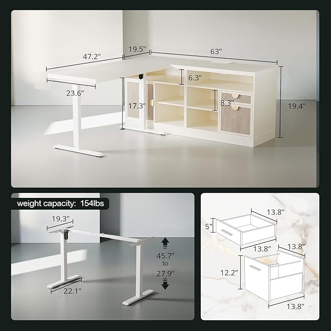 ModernMate Home Office Furniture Sets, 67" L Shaped Desk with 2 File Cabinets, AC/USB, Height Adjustable Executive Office Desk with 73" Bookshelf, White Rattan