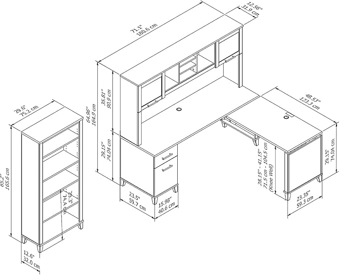 Bush Furniture Somerset 72W 3 Position Sit to Stand L Shaped Desk with Hutch and Bookcase in Maple Cross