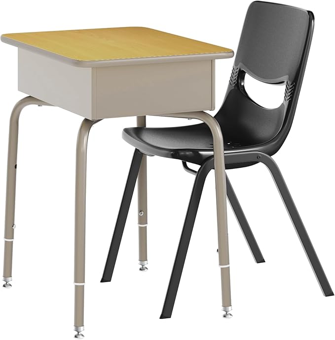 EMMA + OLIVER Jacobs Desk/Stackable Ergonomic Chair Set, Flex Comfort Seat Back, Adjusting Desk Legs, Metal Open Front Storage Box, Maple Desktop/Black Chair