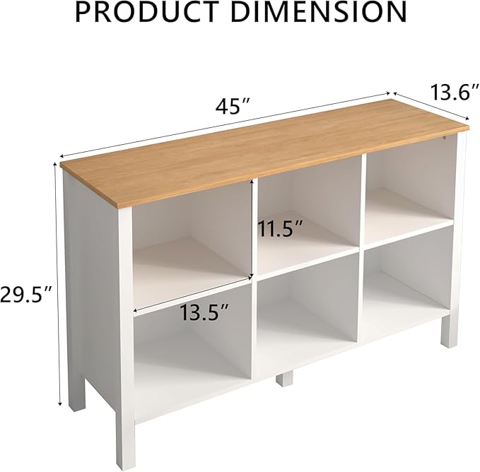 6-Cube Bookcase, Farmhouse Wooden Bookshelf Low Storage Organizer, 45" Horizontal White Console with Legs, Hallway Book Case for Entryway, Display Cabinet for Living Room (White, 6-Cube)