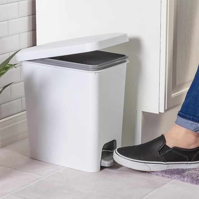 Sterilite 2.7 Gallon Rectangular Step On Kitchen Trash Bin Plastic Indoor Wastebasket with Removable Liner and Bag Holding Feature, White (4 Pack)