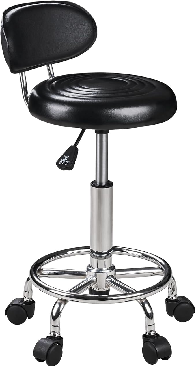 VECELO Home Office Desk Chair with Backrest & Wheels | PU Leather Rolling Office Chair for Drafting, Salon, Spa(Black, with Back)