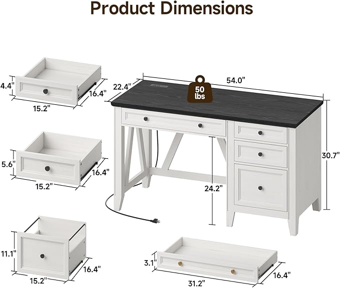 ONBRILL 54 Inch Farmhouse Executive Desk, Computer Desk with Drawers, Home Office Desk with Charging Station, for Working Studying Writing, White