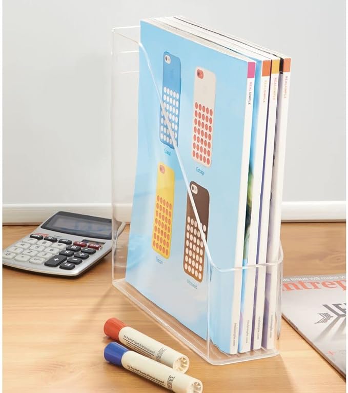 mDesign Plastic Slim Vertical File Folder Storage Organizer Bin with Handle - Hold Notebooks, Binders, Envelopes, Magazines for Home Office, Work Desktops, Ligne Collection, Clear