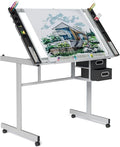 OS MOTOR Adjustable Drafting Table with Glass Top, Art Craft Desk with Slide-Out Drawers, Rolling Wheels, Storage, for Drawing, Writing, Painting, and Creative Tasks, Ideal for Home Office