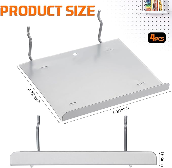 Beeveer 4 Pcs Pegboard Shelves Wall Organizer Brackets Pegboard Steel Tray Accessories Organizing Tools for Craft Garage Nursery Workbench Kitchen(5.91 x 4.72 x 0.63 Inches,Silver)