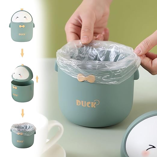 Cute Desktop Trash Can Wastebasket with 90 Trash Bags, Creative Mini Countertop Garbage Can with Lid, Small Plastic Storage Bin for Home Kitchen Dressing Office Kids Bedroom(Green)
