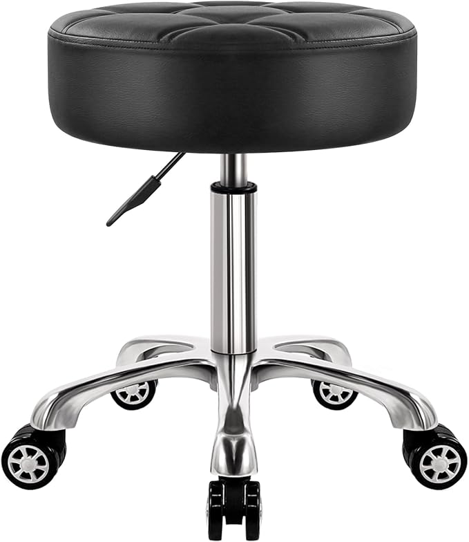 WKWKER Heavy Duty Rolling Stool with Wheels Hydraulic Lift 360 Swivel Adjustable Rolling Chair Thick Leather Ergonomic Seat Stool Chair for Kitchen Drafting Lab Office Salon Massage Black