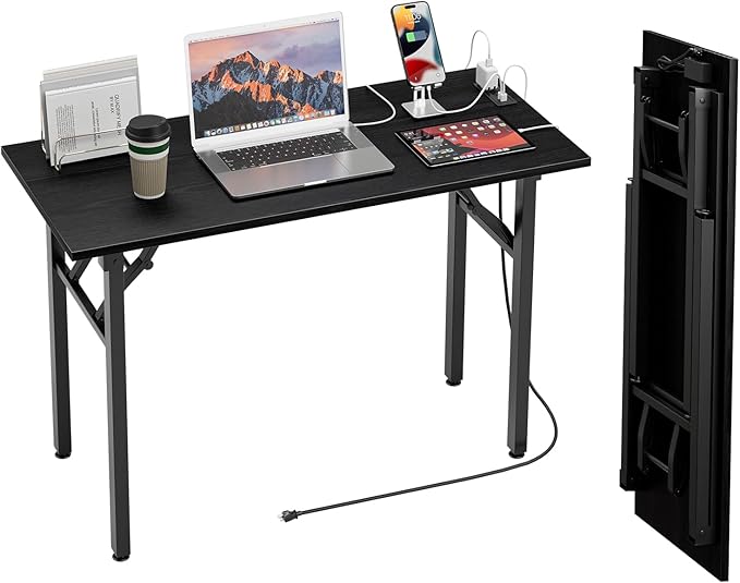TEMI Foldable Desk with Power Outlets & USB – Dark Oak (44.3")