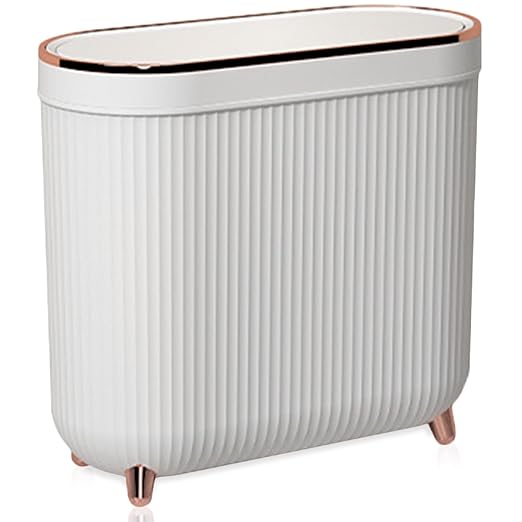 Yatmung Small Bathroom Trash Can with Lid - Slim Decorative Garbage Can - Press-Top Trash Bin for Bedroom, Home Office, Narrow Space, Plastic - 12 Liter Waste Paper Basket - White with Rose Gold Legs