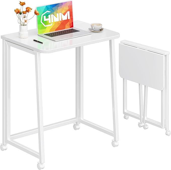 4NM 23.6" Mobile Small Folding Desk, Foldable Rolling Computer Home Office Desk, Study Writing Table for Small Space Saving Bedroom, with Wheels - All White