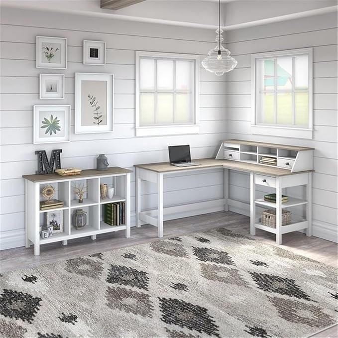 UrbanPro 60" Wood L Shaped Desk with Organizer and 6 Cube Bookcase, White Shiplap Gray Finish, Modern Farmhouse Home Office Furniture Set, Corner Desk with Storage and Adjustable Shelf
