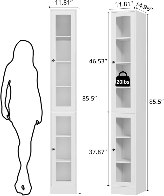 TUSY 85.5 Inch Tall Bookshelf with Doors - 7 Tier Bookcase with Glass Doors and Drawer, 23.6" Wide Storage Cabinet with Open Shelves for Living Room, White Book Shelf for Home Office, Study (D)