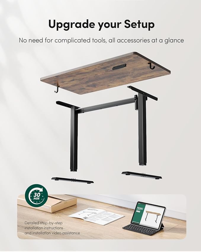 CubiCubi 32 x 20 Inches Small One-Piece Standing Desk, Adjustable Height Electric Computer Sit Stand up Home Office Workstation, with 4 Memory Presets, Headphone Hook, Vintage