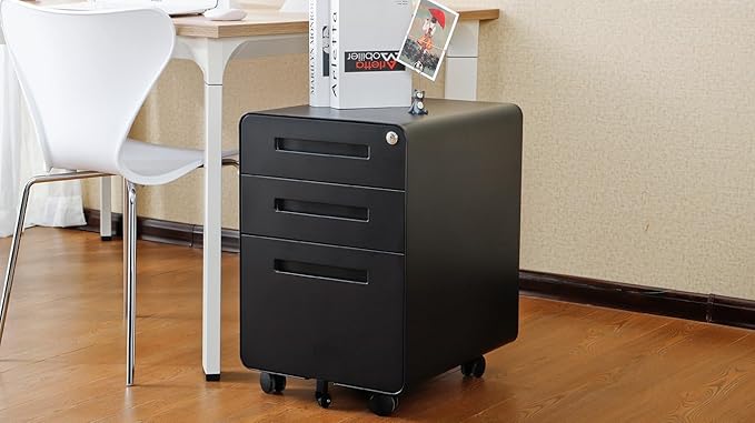 Garvee 3 Drawer File Cabinet with Lock, Under Desk Mobile Metal Filing Cabinet for Home Office, 5 Wheel Anti-Tilt Rolling File Cabinets for A4/Letter/Legal Size, Fully Assembled