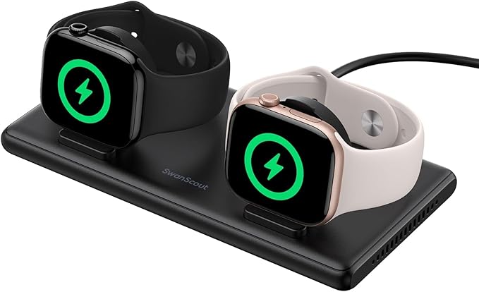 SwanScout Dual Charger for Apple Watch 11/Ultra 3/SE 3/Ultra 2/Ultra/SE 2/SE/10/9/8/7/6/5/4/3/2, Portable Charging Dock for 2 Apple Watches, SwanScout 507DA (Black)