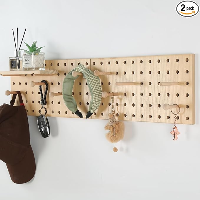 Beige Wood Pegboard Modular Display Wooden Pegboard Combination Wall Organizer Storage Wall Hooks Shelf for Home, Office, Bathroom, Comes with 2 Pieces Pegboards