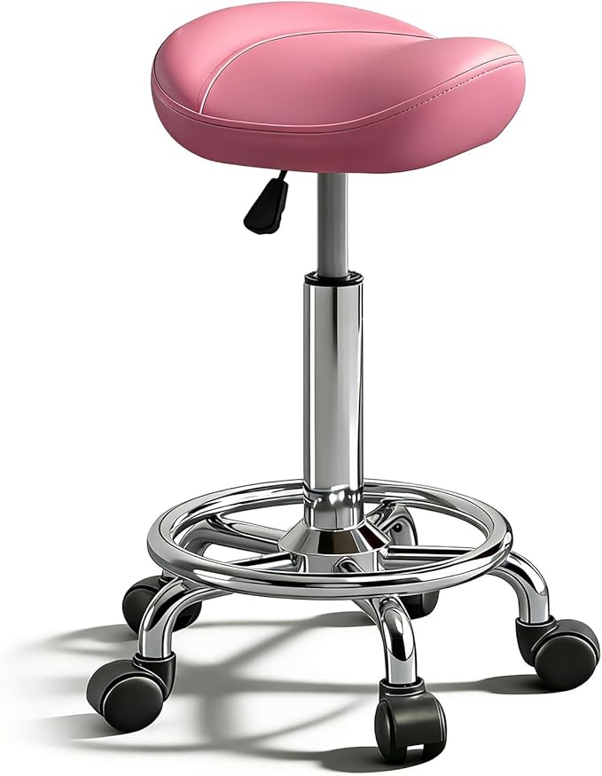Saddle Stool, Adjustable Height Ergonomic Swivel Chair with Wheels, PU Leather Saddle Seat with Ring Pedal for Salon, Massage, Clinic, Lab, and Office