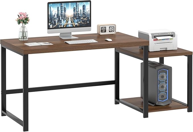 FOLUBAN Large Computer Desk, 63 Inch Home Office Desk with PC Tower Stand & Printer Space, Study Writing Gaming Table Workstation for Bedroom Living Room, Walnut