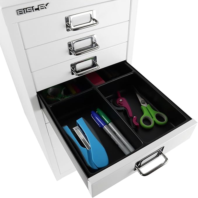 Bisley 10-Drawer Steel MultiDrawer Cabinet - Traffic White, Chrome Pull Handles with Label Holders, Powder-Coated Steel, Removable Drawers, Fits Under Most Desks, Labels Included