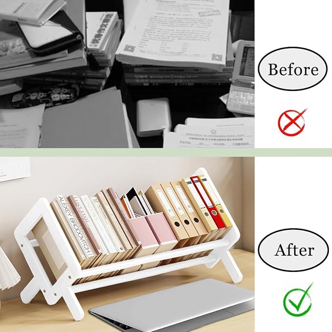 Wood Tilting Bookcase in Living Room/Home/Office, Desktop Book Shelf Organizer Bookshelves Storage Rack for CDs/Magazine/Books Display (White, 16"-L)