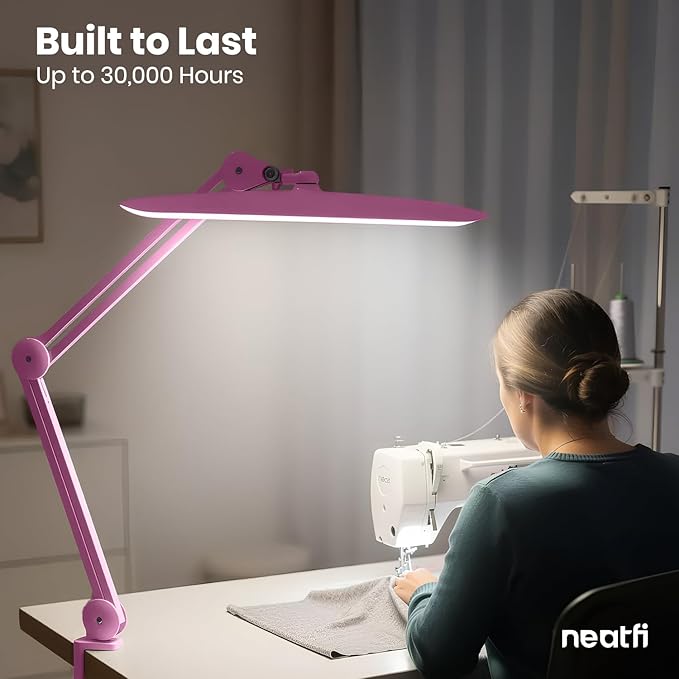 Neatfi XL 2200 Lumens 20W LED Desk Lamp with Clamp – Adjustable Color Temperature | 4-Level Dimmable Light | Home Office, Crafts & Workbench | 20-Inch Wide Head (Pink, CCT with Clamp)