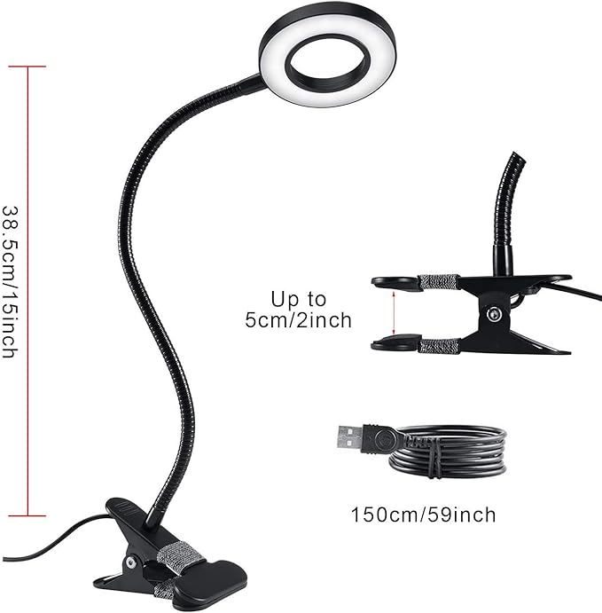Clip Light Reading Lights 48 LED Clamp-on Desk Lamp with 3 Color Modes and 10 Brightness Dimmable, 360 ° Flexible Gooseneck Book Clamp Light for Video Conference Lighting Headboard