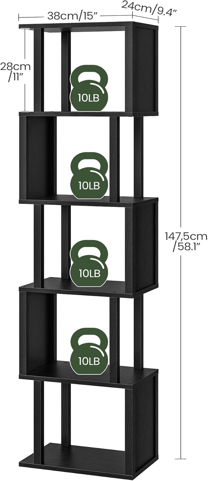 CHOEZON S-Shaped 5-Tier Bookshelf, 58.1-Inch Tall Bookcase with Anti-Tip Kit, Open Display Shelf for Living Room, Office, Bedroom Storage, Black MSJ01BB