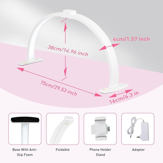 HITTI 29in Half Moon Light for Nail Desk, Foldable, 3 Color Modes & 10 Brightness, Phone Stand, Arch LED Nail Tech Table Lamp for Manicure Salon, Handicraft, Art, Eyelash Extension - White