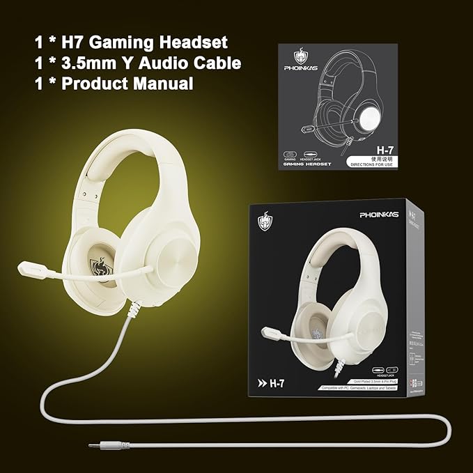 Gaming Headset for PS5 PS4 PC, Wired Headsets with 7.1 Surround Sound, H-7 Gaming Over Ear Headphones with Noise Cancelling Flexible Mic Memory Earmuffs, for PC/PS5/PS4/XboxSeries X/S/Switch (White)