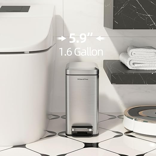 Small Bathroom Trash Can with Soft-Close Lid, 6L/1.6 Gal Stainless Steel Slim Step Garbage Can with Removable Inner Bucket for Bedroom, Bathroom