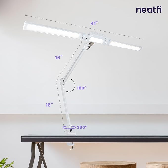 Neatfi LED Desk Lamp | 3,000 Lumens | Dimmable 30W Desk Light | 360 SMD LEDs | CRI 95 | Adjustable Color Temperature | Task Lamp for Home, Office, or Workbench (White, 41-Inch, CCT with Clamp)