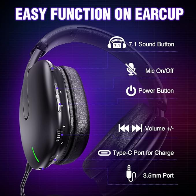 WolfLawS TA82 Wireless Gaming Headset with Detachable Noise Canceling Microphone for PS5 PS4 PC, 2.4GHz USB Gamer Headphones with 7.1 Surround Sound, Memory Foam Ear Pads