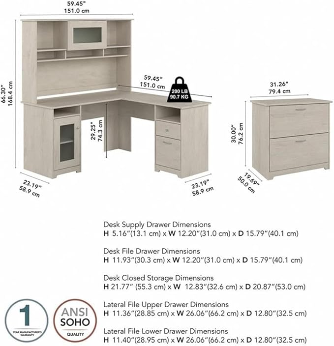 Pemberly Row 60W L Shaped Engineered Wood Desk w/Hutch & File Cabinet, Linen White Oak Finish, Fluted Glass, Built-in Wire Management, Home Office Desk Set with Storage & Filing