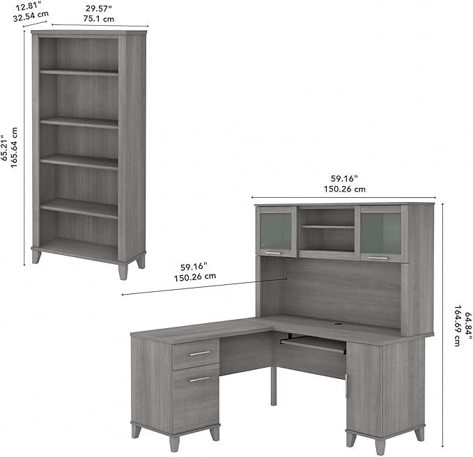Bush Home Somerset 60W L Shaped Desk with Hutch and 5 Shelf Bookcase in Platinum Gray