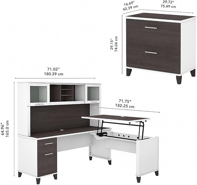 Bush Home Somerset 72W 3 Position Sit to Stand L Shaped Desk with Hutch and File Cabinet in White and Storm Gray