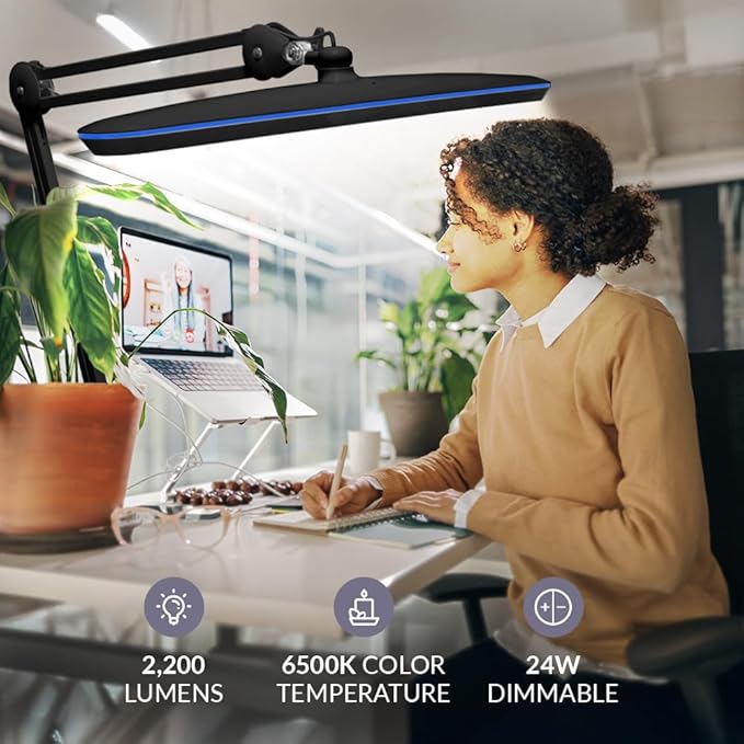 Neatfi XL 24W LED Desk Lamp – 2,200 Lumens | 23” Wide Shade | Dimmable Eye-Caring Task Light | Adjustable Arm | Office, Study, Crafting & Nail Techs (Black, Non-CCT with Base)